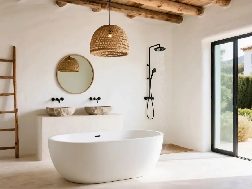 Baño rústico mediterráneo con microcemento blanco, bañera exenta, lavabos de piedra y vigas de madera en Elche