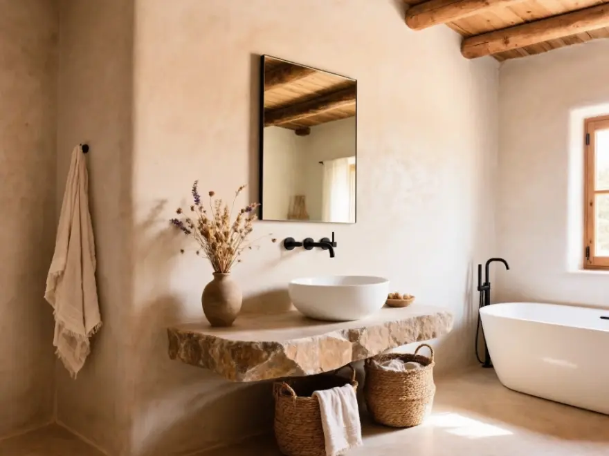 Baño rústico con microcemento beige, lavabo de madera y vistas al exterior en Elche