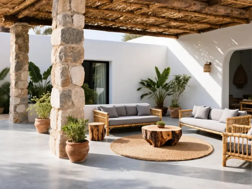 Terraza exterior con microcemento gris y pérgola de madera estilo mediterráneo en Elche