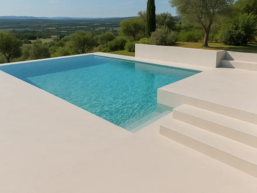 Piscina infinita con microcemento blanco, escalera integrada y vistas panorámicas al campo en Elche