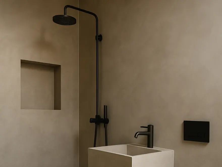 Ducha de obra con microcemento gris oscuro y grifería negra en baño de Elche