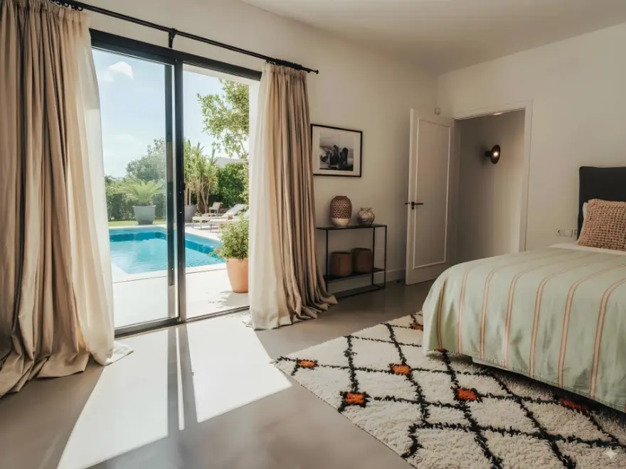 Dormitorio con suelo de microcemento beige claro, paredes blancas y acceso a terraza con jardín en Elche