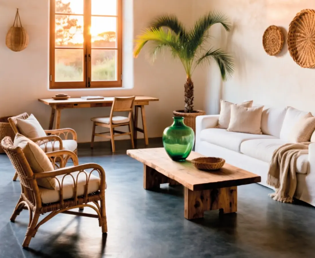 Salón mediterráneo con suelo de microcemento gris oscuro, muebles de madera y palmera interior en Elche