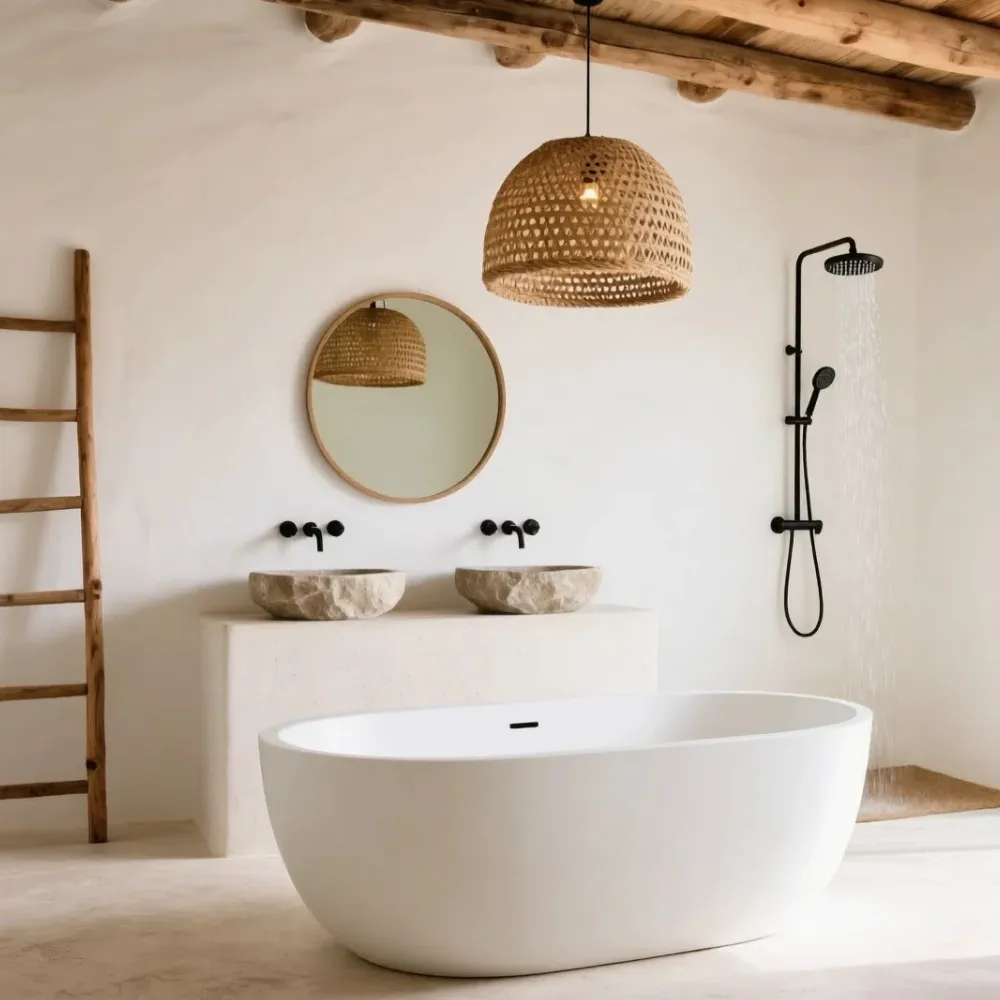 Baño rústico mediterráneo con microcemento blanco, bañera exenta, lavabos de piedra y vigas de madera en Elche