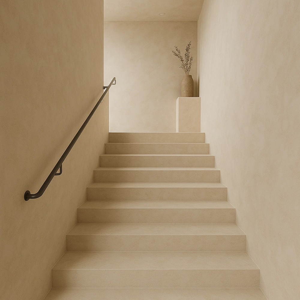 Escalera con microcemento beige y barandilla metálica negra en Elche