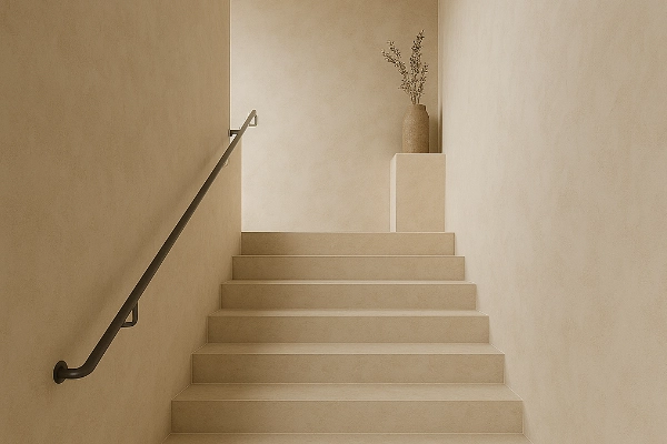 Escalera con microcemento beige arena, paredes continuas y barandilla metálica negra en vivienda de Elche