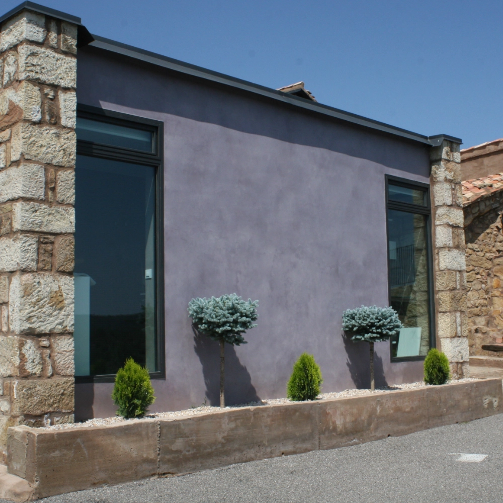 Fachada exterior con microcemento gris antracita y piedra natural en Elche