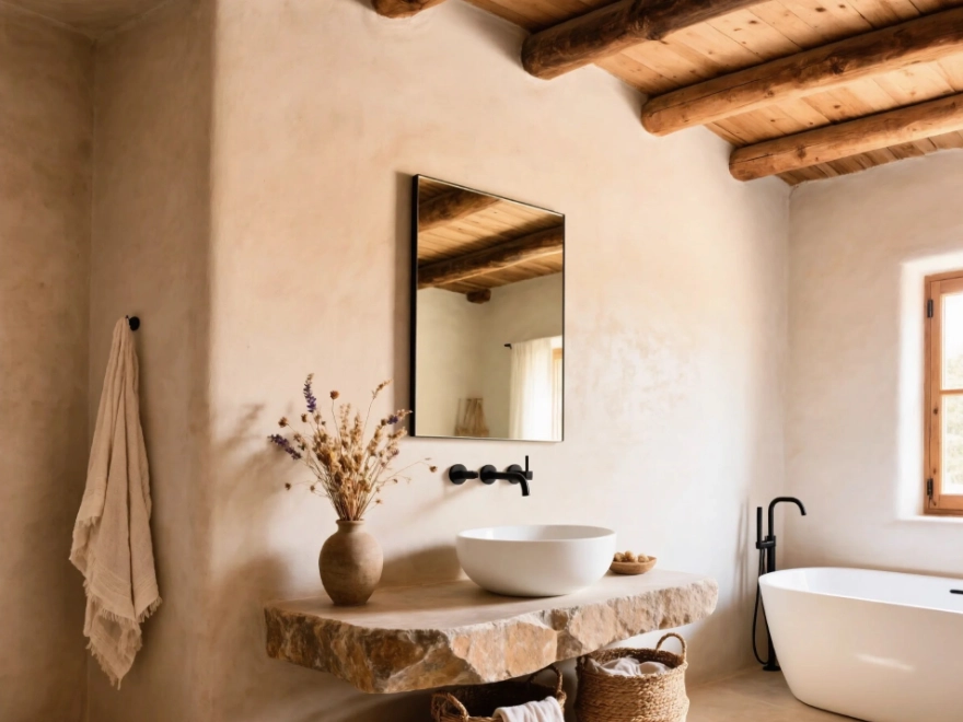 Baño rústico mediterráneo con microcemento beige, encimera de piedra natural y bañera exenta en Elche