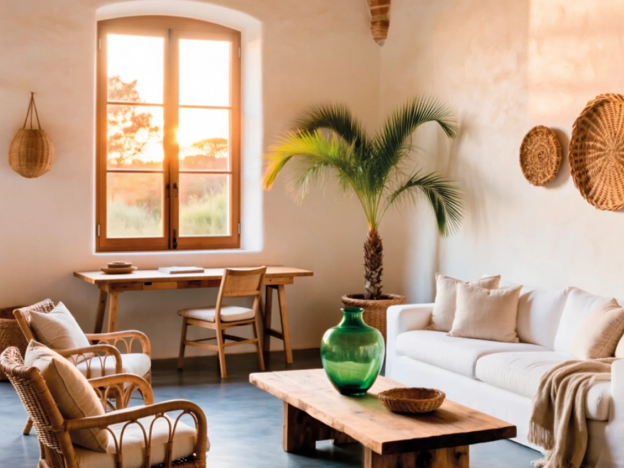 Salón mediterráneo con paredes de microcemento beige blanco, suelo gris y decoración natural en Elche