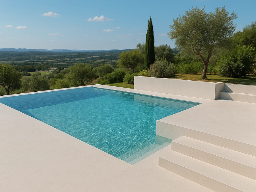 Piscina desbordante con microcemento blanco y vistas panorámicas en chalet de Elche