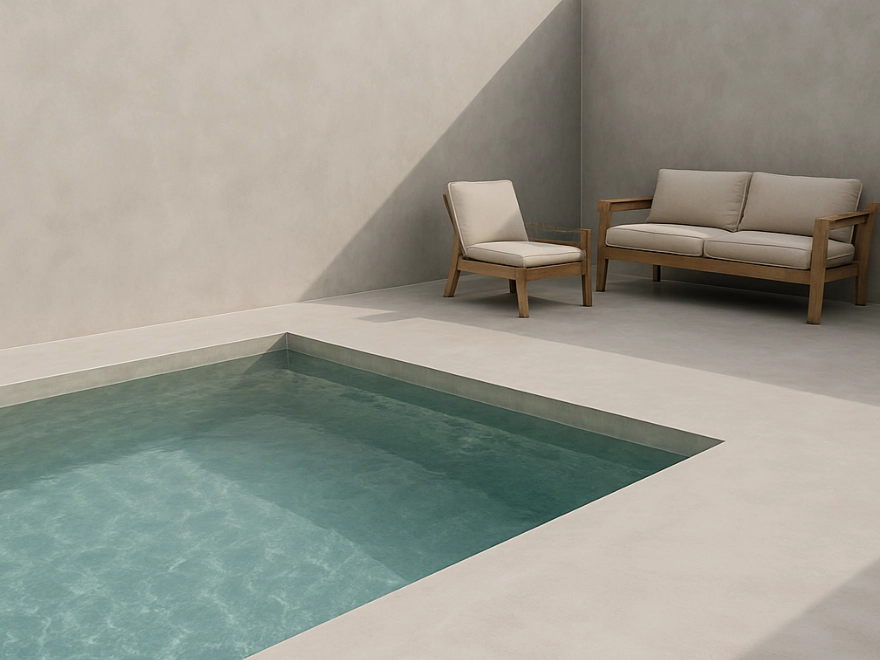 Piscina con microcemento gris y revestimiento de piedra natural en Elche