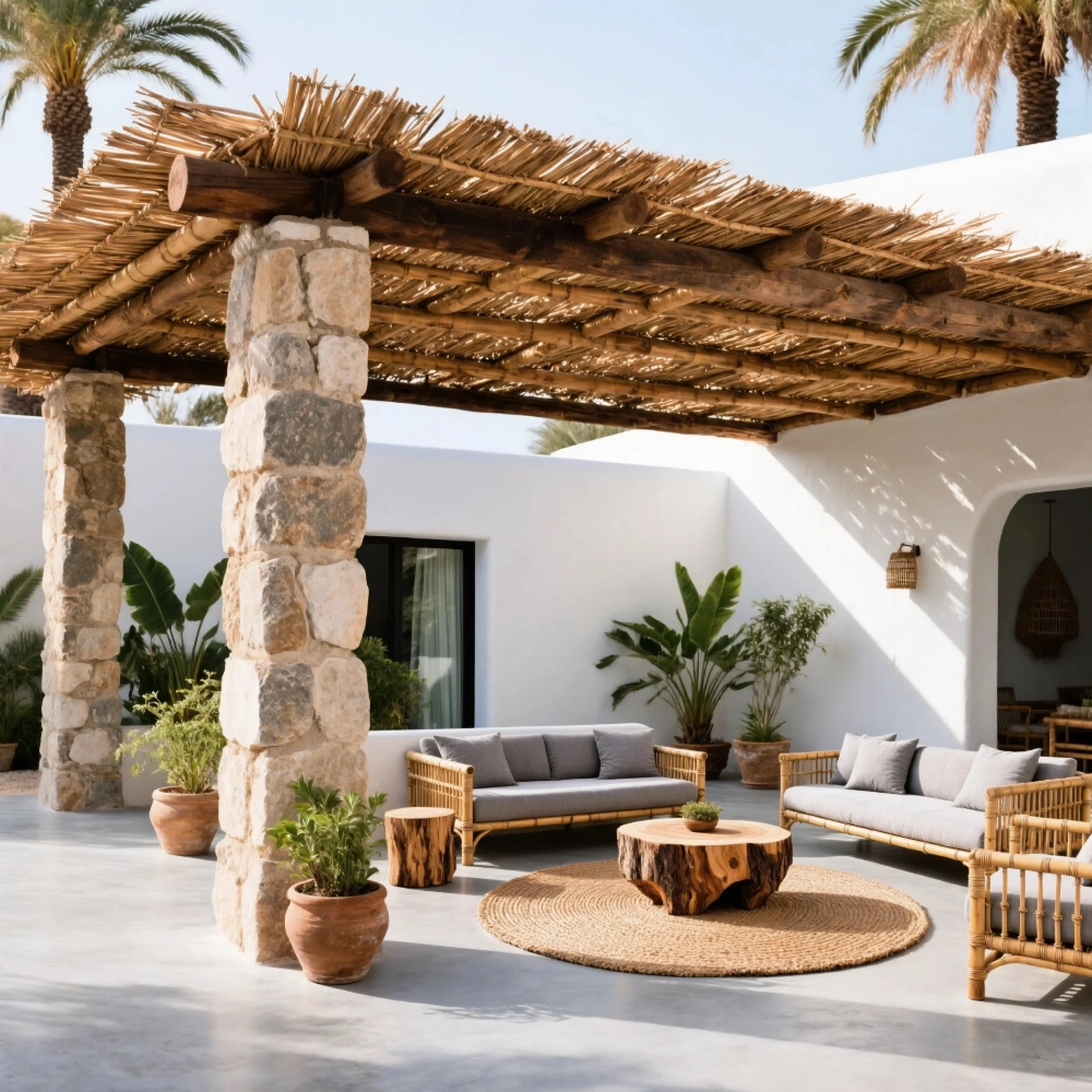 Terraza exterior con microcemento gris y pérgola de madera estilo mediterráneo en Elche